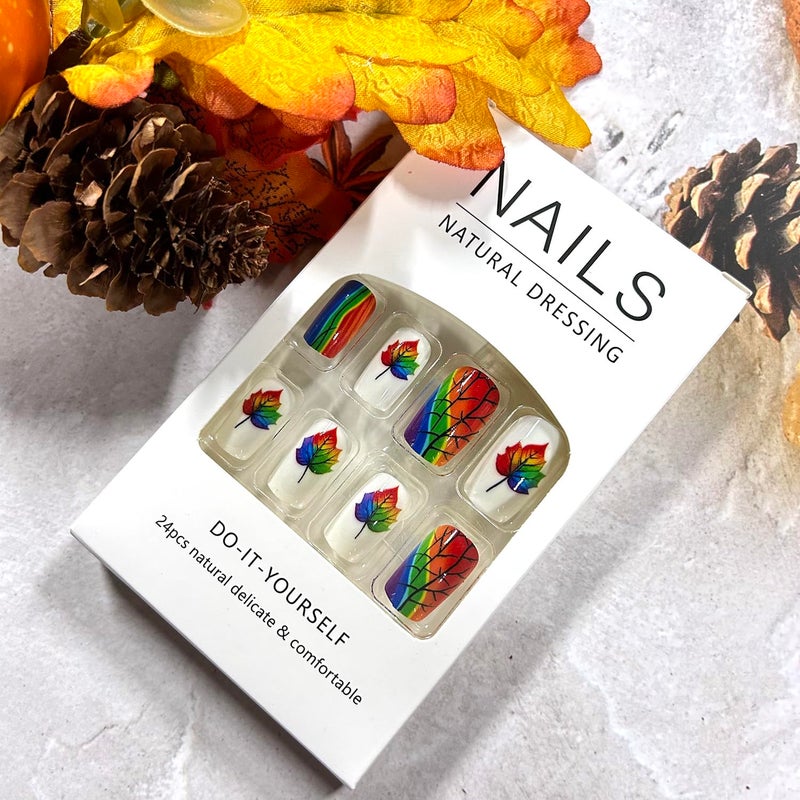 CJDLTS Thanksgiving Press on Nails Medium Square Gradient Maple Leaf False Nail Full Cover Glossy Fall Stick on Nails Colorful Stripes Leaf Design Artificial Fingernails Festival Glue on Nails for Women - Image 4